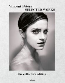 Book cover of Vincent Peters: Selected Works, featuring a black and white head and shoulders portrait of actress Emma Watson with face covered in white. Published by teNeues Books.