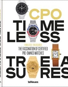 Book cover of Timeless Treasures, with four watch models, including a silver OMEGA Speedmaster. Published by teNeues Books.