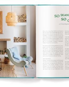 Book cover of Scandi Style, Scandinavian Home Inspiration, with a calm interior with white and grey furnishings, coffee-table, and forest outside. Published by teNeues.