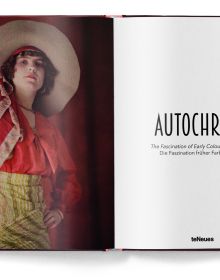 Book cover of Autochrome, The Fascination of Early Colour Photography, with woman wearing a red and orange dress, and floppy hat. Published by teNeues Books.