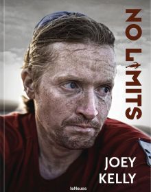 Book cover of No Limits, 7 Continents. 100,000 Kilometers. 100 Challenges, with athlete Joey Kelly with dirty, sweaty face. Published by teNeues Books.