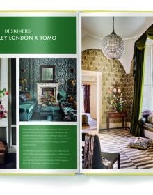 Large rattan chair draped with mustard coloured ceiling fabric, floppy hats on wall, on yellow cover of 'Boho Style, Bohemian Home Inspiration', by teNeues Books.