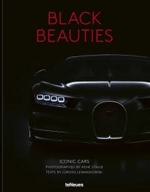 Book cover of Black Beauties, Iconic Cars with a black Bugatti Veyron Grand Sport Vitesse with illuminated lights. Published by teNeues Books.