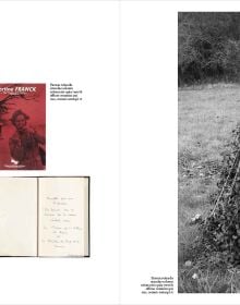 Book cover of Martine Franck: Looking at Others, with the photographer sitting in a skip while taking a photograph of the viewer. Published by Silvana.