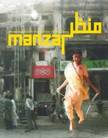 Book cover of Manzar: Art and Architecture from Pakistan 1940s to Today, featuring a painting of figure in red robes and turban-style head dress. Published by Silvana.