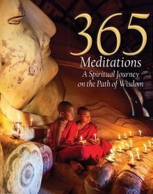 Book cover of 365 Meditations, A Spiritual Journey on the Path of Wisdom, with two young monks in red robes holding lit candles, sitting on a Buddha sculpture. Published by White Star.