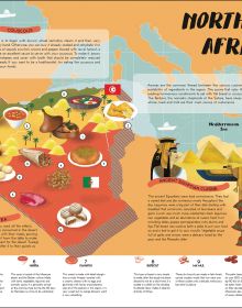 Book cover of Atlas of Food, Discovering the Flavors and Traditions of Cooking Around the World', with map of world with plates of traditional dishes. Published by White Star.