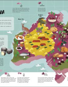 Book cover of Atlas of Food, Discovering the Flavors and Traditions of Cooking Around the World', with map of world with plates of traditional dishes. Published by White Star.