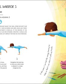 Young child performing crow pose, with cockerel perched on back, on cover of 'Good Morning Yoga, Relaxing Poses for Children', by White Star.