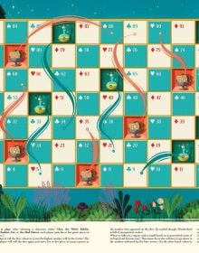 Book cover of The Great Book of Games in the Fairy World, with green tiles on board game with Peter Pan. Published by White Star.