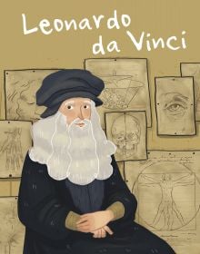 Book cover of Leonardo da Vinci, from the Genius series, with a man with large white beard wearing a large navy smock; Vitruvian and skull drawings behind. Published by White Star.