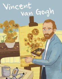 Book cover of Vincent van Gogh from the Genius series, with the painter painting a canvas of sunflowers. Published by White Star.