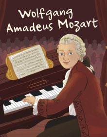 Book cover of Wolfgang Amadeus Mozart, Genius, with the classical composer in white wig playing piano. Published by White Star.