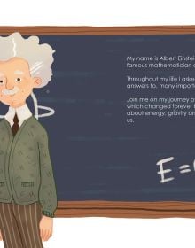 Book cover of Albert Einstein from the Genius series, with the physicist with white hair and thick moustache sitting at desk, with blackboard full of equations on behind. Published by White Star.