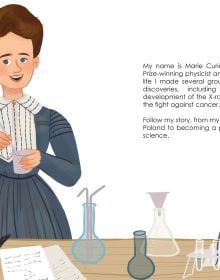 Book cover of Marie Curie from the Genius series with woman wearing long blue dress, holding glass flask in laboratory. Published by White Star.