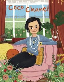 Book cover of Coco Chanel, Genius, with the French fashion designer wearing pearl necklaces, sitting on pink sofa. Published by White Star.