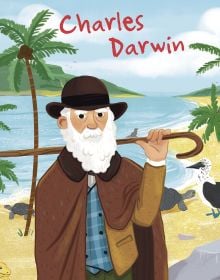 Book cover of Charles Darwin from the Genius series, with the English naturalist in brown hat and coat, holding walking stick over shoulders, standing on a beach. Published by White Star.