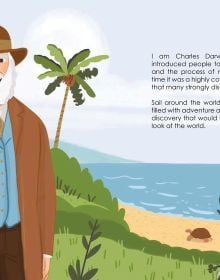 Book cover of Charles Darwin from the Genius series, with the English naturalist in brown hat and coat, holding walking stick over shoulders, standing on a beach. Published by White Star.