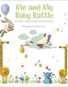 Book cover of Me and My Baby Rattle, My First Three Years Record Book', with a stork carrying baby bundle in white cloth, and two yellow giraffes either side. Published by White Star.