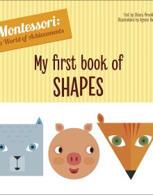 Grey square-faced cat, round-faced pink pig, triangle-faced orange fox, on board book cover of 'My First Book of Shapes, Montessori: A World of Achievements', by White Star.