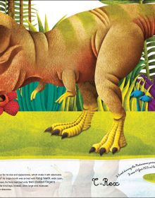 Book cover of The Big Book of Giant Dinosaurs, The Small Book of Tiny Dinosaurs, with a Triceratops holding a white chicken. Published by White Star.