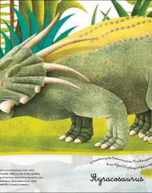 Book cover of The Big Book of Giant Dinosaurs, The Small Book of Tiny Dinosaurs, with a Triceratops holding a white chicken. Published by White Star.