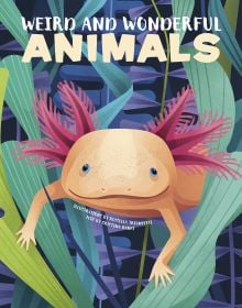 Book cover of Weird and Wonderful Animals, with a Axolotl Salamander with pink gills. Published by White Star.