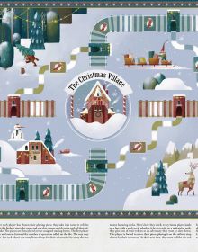 Book cover of The Big Book of Christmas Games, The Greatest Boardgames to Experience Together on the Most Magical Night of the Year, with snow-covered houses with Santa above. Published by White Star.