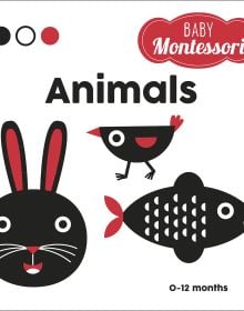 Book cover of Animals, Baby Montessori', with a black bird, rabbit and fish. Published by White Star.