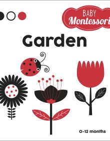 Flower with black petals, red and black ladybird, red tulip, on white cover board book 'Garden, Baby Montessori', by White Star.