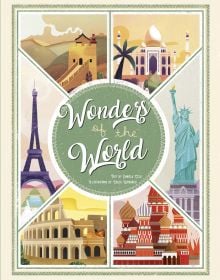 Book cover of Wonders of the World, Atlas of the Most Spectacular Monuments', with Historical monuments: Eiffel Tower, Statue of Liberty, Taj Mahal, and Colosseum. Published by White Star.