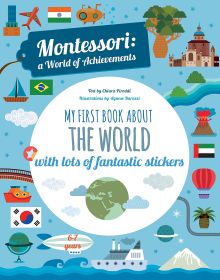 Book cover of My First Book About the World, Montessori Activity Book, with planet earth surrounded by clouds, hot air balloons, planes, and South Korean flag. Published by White Star.