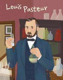 Book cover of Louis Pasteur from the Genius series, with a man in navy suit holding test tube and glass flask. Published by White Star.