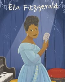 Book cover of Ella Fitzgerald, from the Genius series with the singer in blue dress, standing on stage with a microphone, and piano behind. Published by White Star.