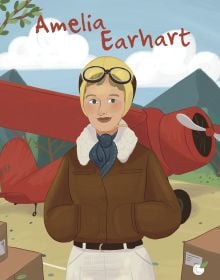 Book cover of Amelia Earhart from the Genius series, with the aviator in hat with goggles on head, standing in front of red propeller biplane. Published by White Star.