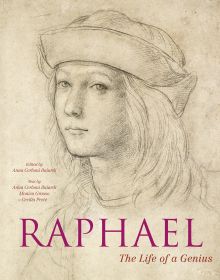 Book cover of Raphael, The Life of a Genius, with a black chalk self-portrait of the artist in flat hat. Published by White Star.