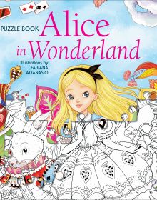 Book cover of Alice in Wonderland: Puzzle Book, with a child in blue dress, with white rabbit. Published by White Star.