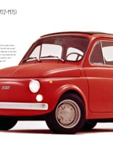 Book cover of Fiat 500, The History of a Legend from 1936 to the Present, with a older red Fiat model alongside a pale green Fiat 500 model. Published by White Star,