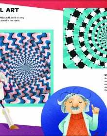 Book cover of Optical Illusions, Let's Experiment! with Albert Einstein and a robot with pink and blue wavy pattern behind. Published by White Star.