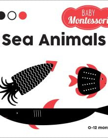 Book cover of Sea Animals, Baby Montessori, with a black shark with red fins, black and white squid, and black and red fish. Published by White Star.