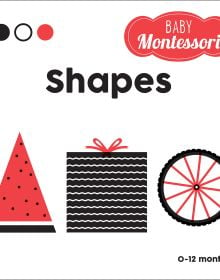 Red and black truck, black car and black helicopter on white board book cover 'Shapes, Baby Montessori', by White Star.