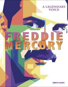 Book cover of Freddie Mercury, A Legendary Voice, with a colourful cubist portrait of the Queen front man. Published by White Star.