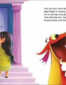 Book cover of How to Teach your Dragon to Help, with an orange dragon carrying a dark-haired girl in green dress. Published by White Star.