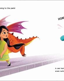 Book cover of How to Teach your Dragon to Listen, with an orange dragon holding a young girl's hand while walking near by a light traffic signal. Published by White Star.