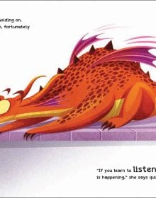 Book cover of How to Teach your Dragon to Listen, with an orange dragon holding a young girl's hand while walking near by a light traffic signal. Published by White Star.