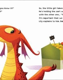 Book cover of How to Teach your Dragon to Wait, with an orange dragon being pushed in supermarket trolley by young girl. Published by White Star.