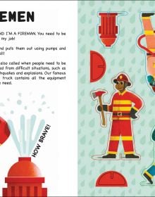 Book cover of I Want to be a Firefighter, Build Up Your Job, with two firefighters standing in front of red fire engine, one holding a cat. Published by White Star.