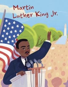 Book cover of Martin Luther King Jr. from the Genius, with the civil rights leader holding a speech at a platform with microphones. Published by White Star.