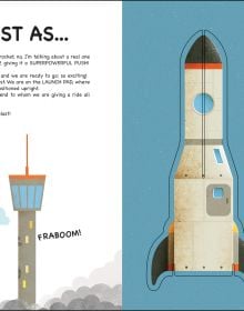 Book cover of Build Up A Day in Space, with a cardboard cut-out of astronaut with a rocket behind. Published by White Star.