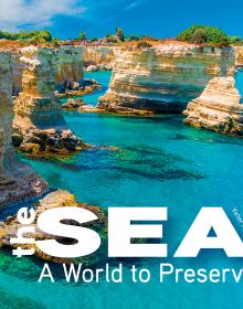 Book cover of The Sea, A World to Preserve, with Salento beach area with bright blue water and rocky coast. Published by White Star.